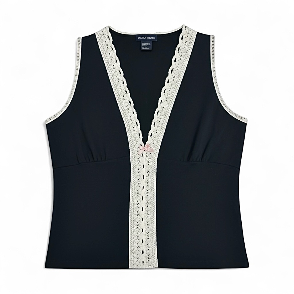 Boston Proper Y2K Crochet Lace Trim Black Cotton Sleeveless Top Size L